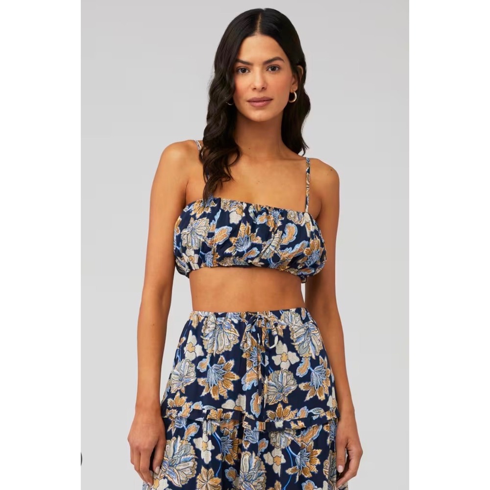MINKPINK Quinn Crop Top Navy Blue Floral Ruched Size Medium Adjustable Viscose‎